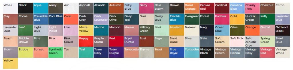Custom Color Chart for Custom T-Shirts